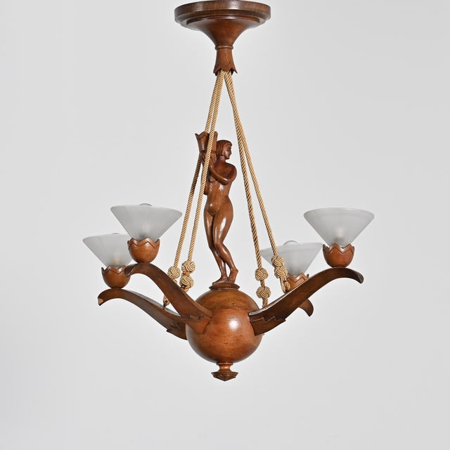 1920s Carved Oak Chandelier, 1920s For Sale - Image 5 of 10