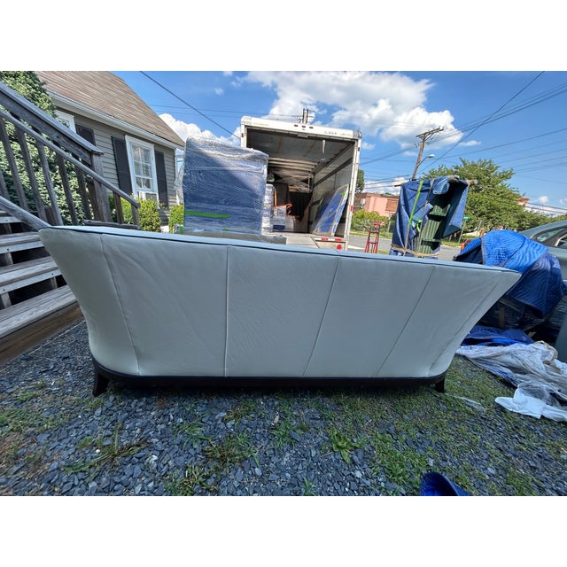 Vanguard Furniture Large Vanguard White Leather & Navy Blue Trimmed Sofa For Sale - Image 4 of 11