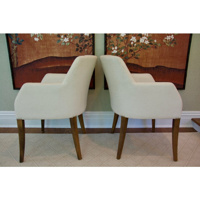 Pair of Bright Chair Maria Arm Chairs in Jane Churchill Darwin Cream With Natural Walnut Legs For Sale - Image 4 of 15