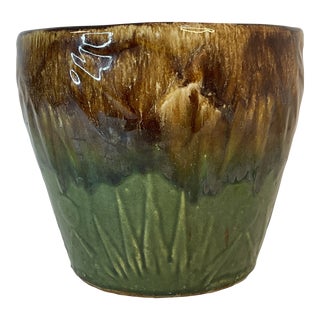 Vintage Boho Chic Green & Brown Drip Glazed Ceramic Planter by U-S-A Pottery For Sale