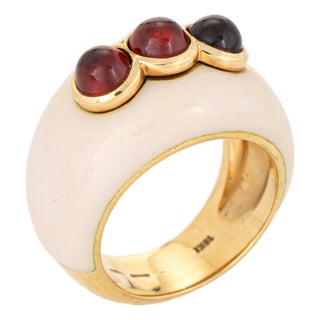 Garnet Enamel Dome Ring Sz 6 Vintage 18k Yellow Gold Wide Band Estate Jewelry For Sale