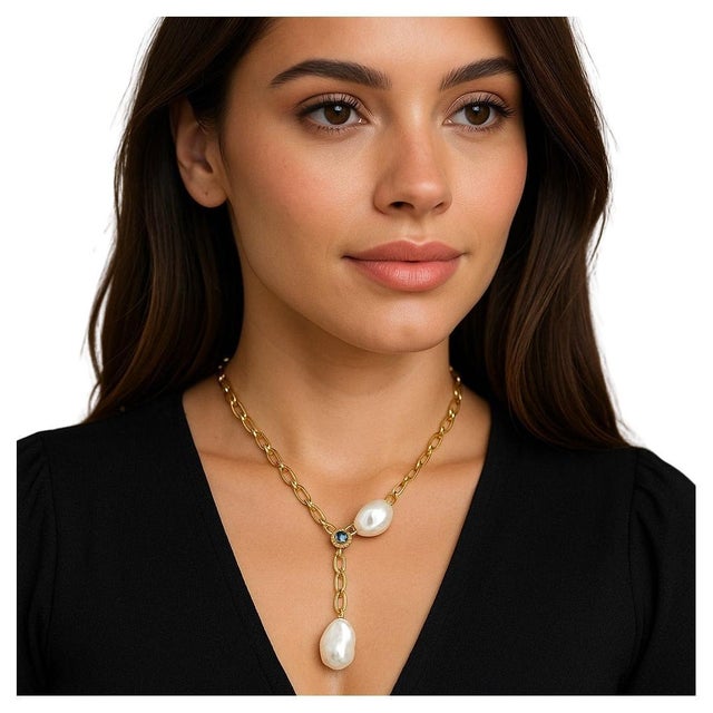 Baroque Bochic “Capri” Vintage Baroque Pearl & Multi Sapphire Necklace Set in 18K & Silv For Sale - Image 3 of 7