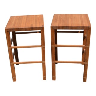 1990s Pair Wooden Butcher Block Square Bar Height Stools or Prep / Cutting Board Tables For Sale