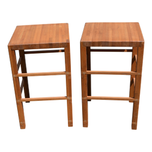 1990s Pair Wooden Butcher Block Square Bar Height Stools or Prep / Cutting Board Tables