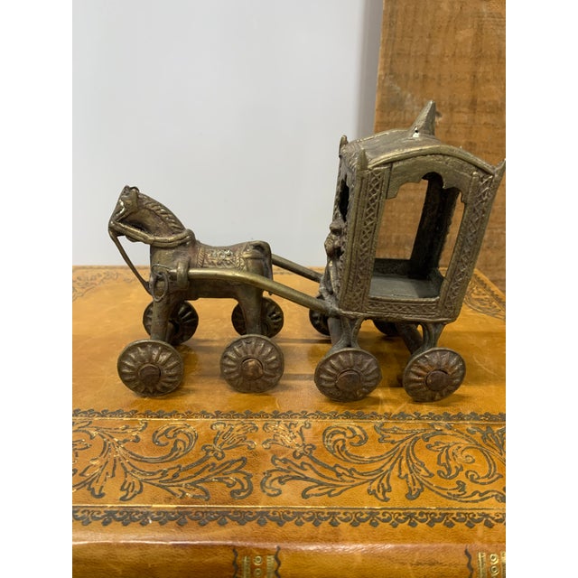 Antique Hindu Bronze Temple Horse and Chariot Statue Toy on Wheels Made in the Early 20th Century
