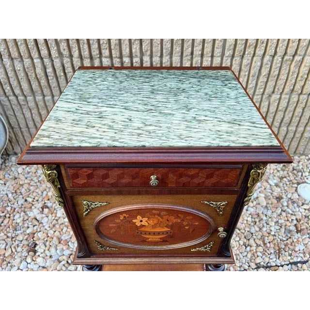 Pair Louis XVI Style Ormolu Mounted Marquetry Mahogany Marble Top Bedside Tables, 19th Century For Sale - Image 11 of 12