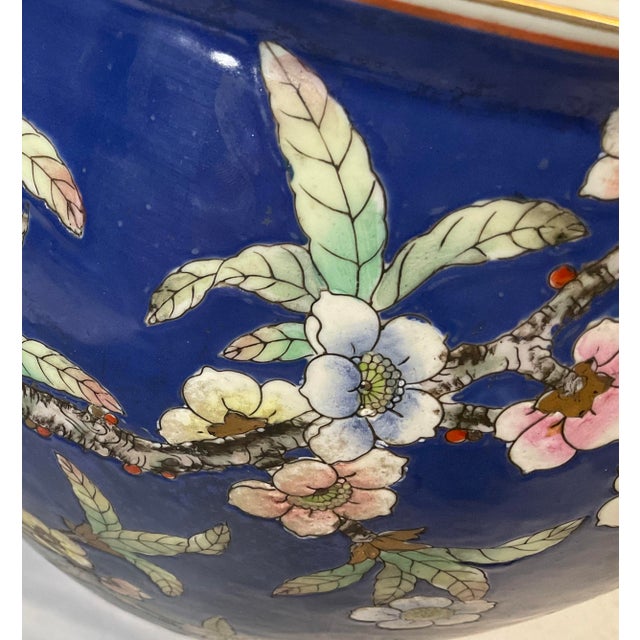Blue Vintage Chinese Koi Fish Porcelain Jardiniere Blue With Floral Fish Bowl, Pair For Sale - Image 8 of 12