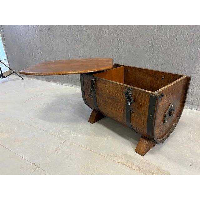 Wood Oak Barrel Form Storage Chest with Black Metal Straps, 1930s For Sale - Image 7 of 9