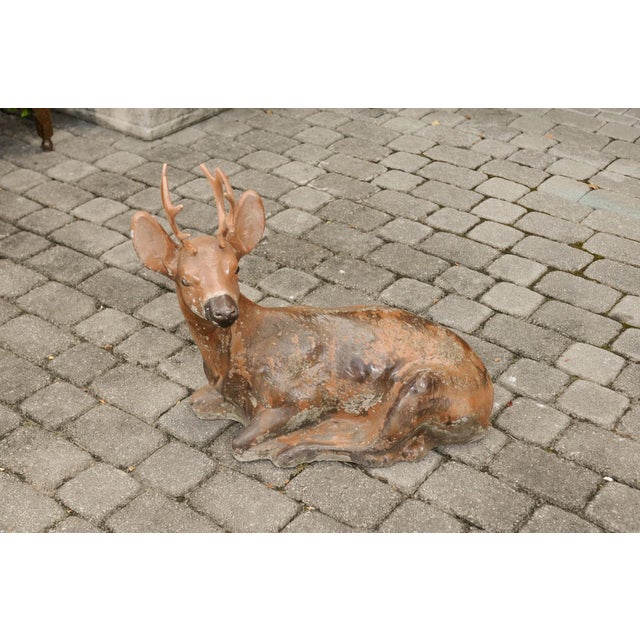 Brown Vintage American Concrete Reclining Deer Sculpture with Iron Antlers and Patina For Sale - Image 8 of 11