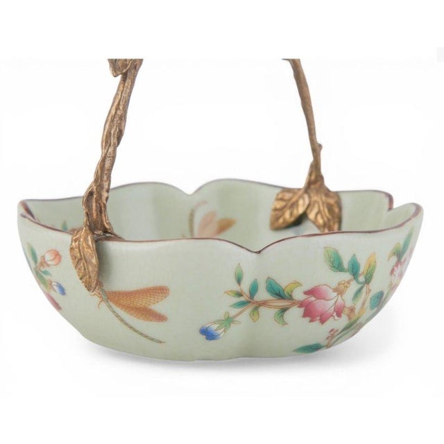 Floral Vine Painted Porcelain Bowl With Bronze Ormolu Basket Handle For Sale - Image 9 of 11