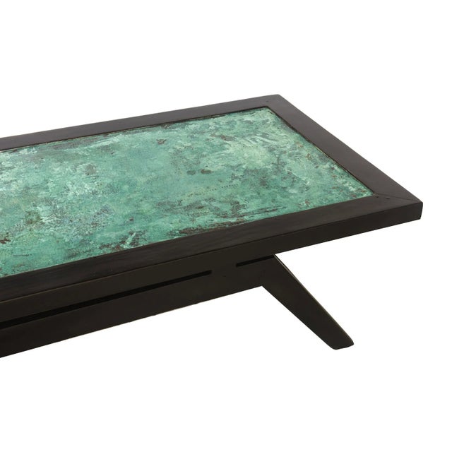 Vintage 60's Rectangular Cocktail Table With Stained Black Wood and Patinated Copper Oxidized Turquoise Top For Sale In Miami - Image 6 of 10