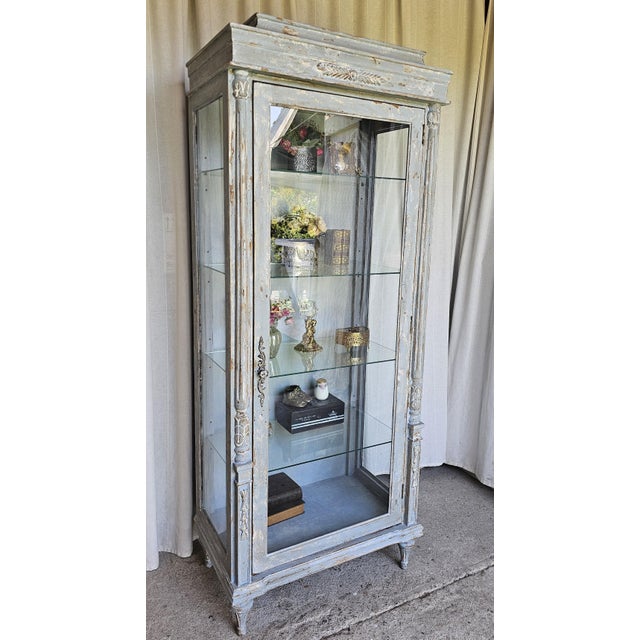 Blue 1930s Vitrine Cabinet, French Bluish Display Cabinet/ Case, Cracked / Peeling Finish For Sale - Image 8 of 18