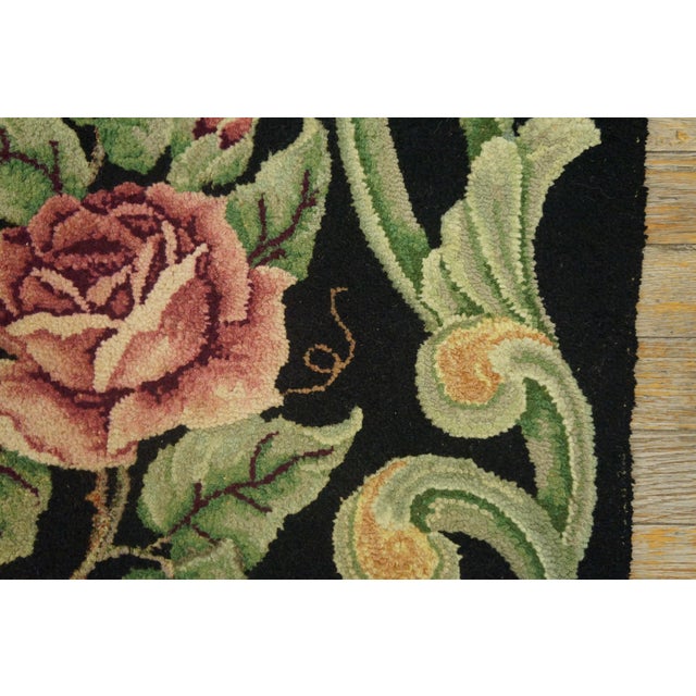 Early 20th Century 1920s Black Floral Folk Art Antique American Hooked Rug 2'2" X3'0" Handknotted Wool Carpet For Sale - Image 5 of 6