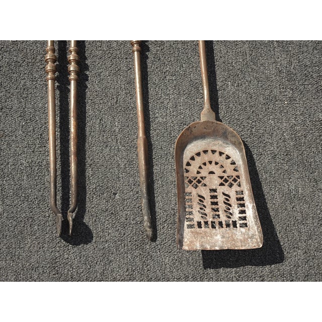 Metal Vintage French Country Iron Fireplace Tools W Brass Handles ~ Set of Three For Sale - Image 7 of 12
