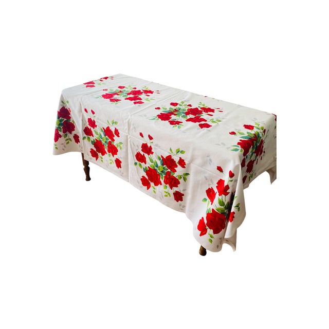 Vintage 1950s/60s Wilendur Red Royal Rose Rectangular Tablecloth, 52" X 68" For Sale - Image 11 of 11