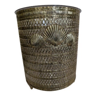 Hollywood Regency Gold Metal Filigree Wastebasket Sea Shell Feet For Sale