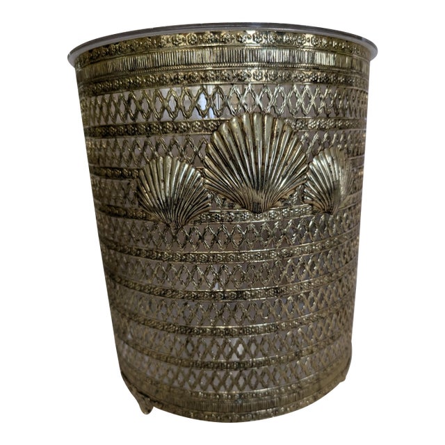 Hollywood Regency Gold Metal Filigree Wastebasket Sea Shell Feet For Sale