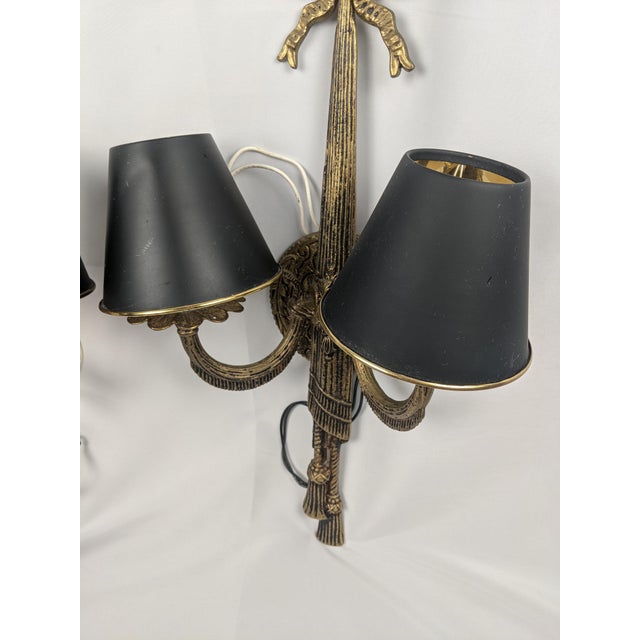 Vintage Ornate Gold-Tone Two-Light Wall Sconces With Shades - Pair For Sale - Image 17 of 18