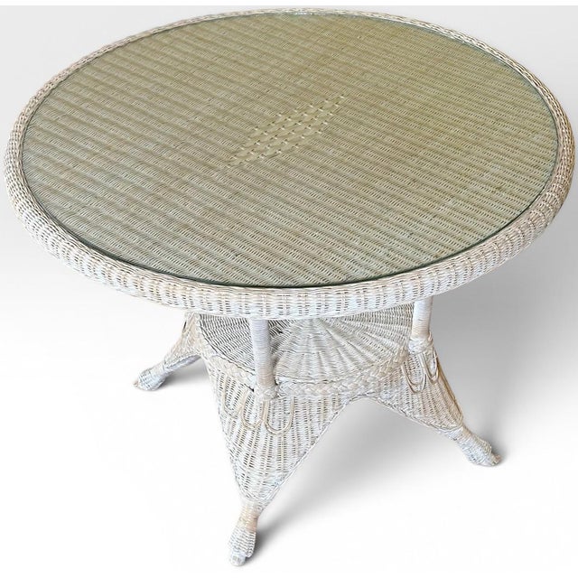 Traditional Vintage Coastal White Wicker Round Dining Table With Inset Glass Top For Sale - Image 3 of 18