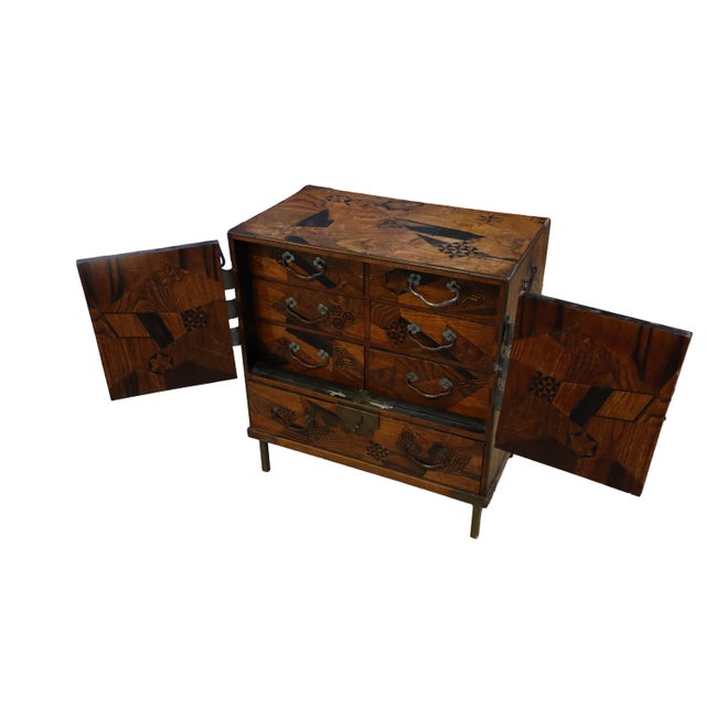 Wonderful Raised Japanese Cabinet Crafted With Geometrically Intricate Inlayed Wood and Hand Wrought Hardware For Sale - Image 4 of 12