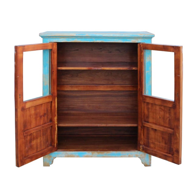 2000 - 2009 Distressed Bright Blue Glass Display Bookcase Curio Cabinet For Sale - Image 5 of 7