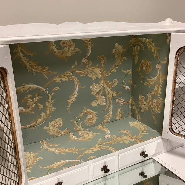 Vintage Vanity or Desk French Country Painted White Wire Doors Mirrored Top Multiple Drawers Wallpapered Interior Top For Sale - Image 11 of 12