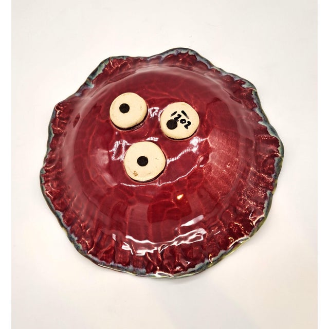 Ceramic Decorative Scalloped Pottery Bowl Burgundy and Teal Signed and Numbered For Sale - Image 7 of 8