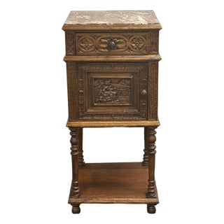 Antique French Breton Carved Oak Marble Too Nightstand For Sale