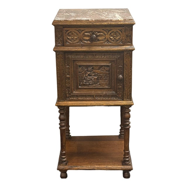Antique French Breton Carved Oak Marble Too Nightstand For Sale