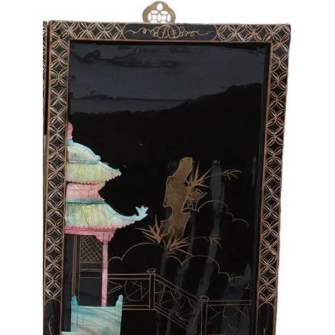 Mid 20th Century Chinese Black Lacquer 4-Panel Wall Screen – Raised Hardstone & Mother-of-Pearl For Sale - Image 9 of 18