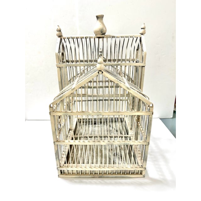 Vintage French-Style Wood & Wire Architectural Birdcage With Chippy White Finish For Sale In Louisville - Image 6 of 8