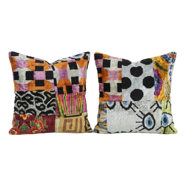 Silk Ikat Velvet Pillow Cover 19'' X 20'' - Set of Two For Sale