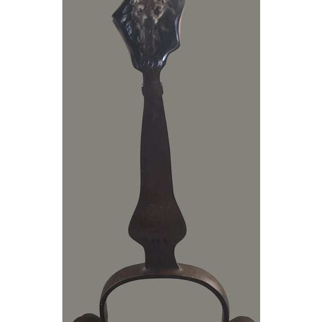 Late 19th Century Antique Arts & Crafts Hand Forged Iron Figural Lions Head Fireplace Andirons Marked- a Pair For Sale - Image 5 of 11