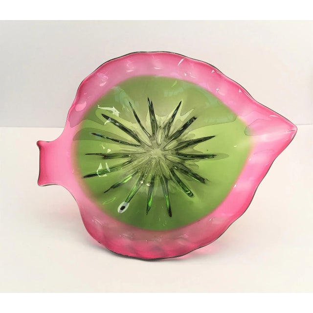 1960s Mid-Century Modern, Art Glass Pedestal Centerpiece Bowl, Leaf or Fish Shape in Pink, Green, Clear For Sale - Image 13 of 13