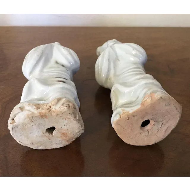 Pair antique 19th century Chinese celadon porcelain figures of attendants or robed court ladies. Exceptional glaze...