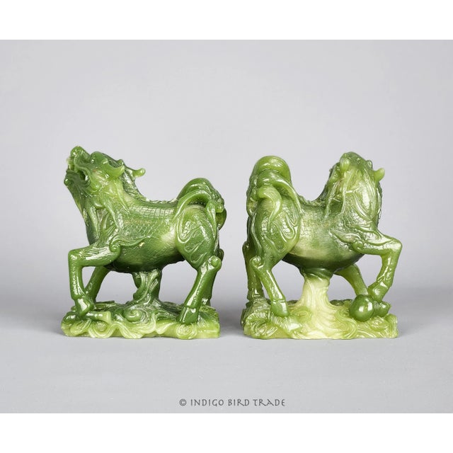 Plastic Early 20th Century Pair of Vintage Chinese Foo Dog Statues in Jade Color For Sale - Image 7 of 8
