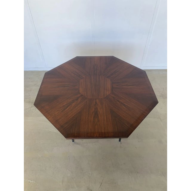 Mid-Century Modern Inlaid Hexagonal Wooden Table with Tubular Metal Base, 1960s For Sale - Image 3 of 8