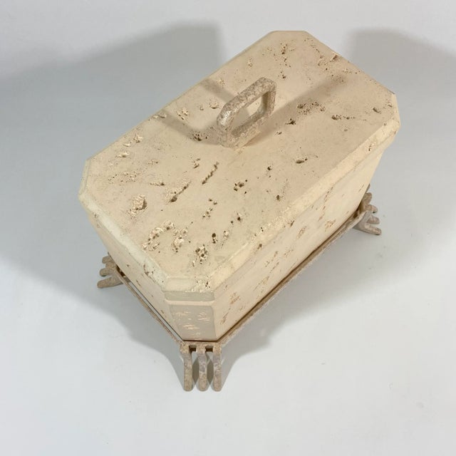 Metal Postmodern Faux Travertine Ceramic Box With Metal Stand and Handle For Sale - Image 7 of 13