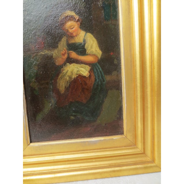 Victorian Victorian Painting of a Young Girl Sewing Mid 19th For Sale - Image 3 of 7