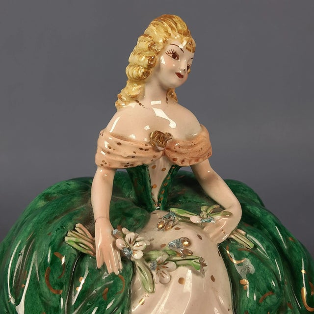 Forest Green Hand-Painted Porcelain Sculpture of a Lady from Perdomello, Nove Bassano, 1940s-1950s For Sale - Image 8 of 12