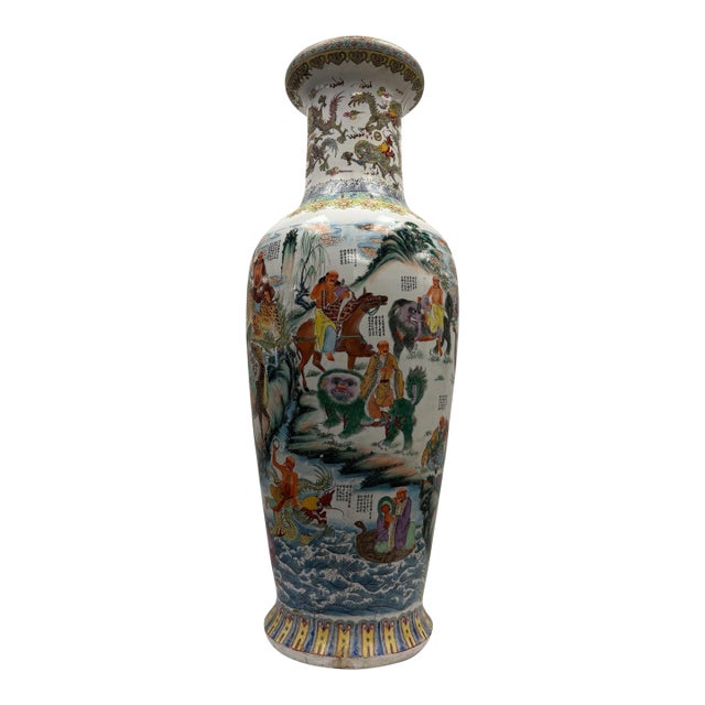 Monumental 47.5" Chinese Famille Rose "18 Luohans" Porcelain Floor Vase For Sale