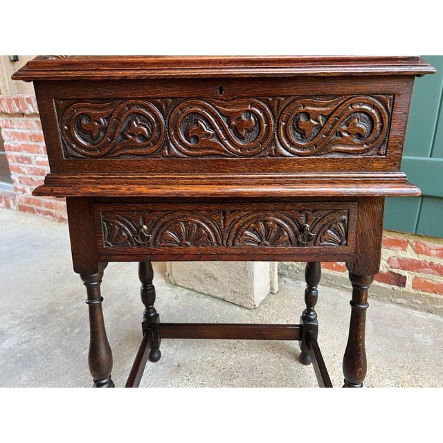Wood Antique English Slant Front Desk Display Stand Jacobean Carved Tiger Oak Lectern For Sale - Image 7 of 18