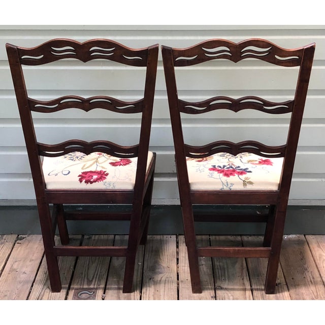 Pair Peg Antique Chippendale Ribbon Back Pierced Ladder Back Chairs Needlepoint Seats Stunning See Photos For Sale In Columbus - Image 6 of 11