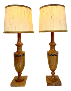 Vintage Mid-Century Artisan Hand-Crafted Wooden Inlay Table Lamps, Set of 2