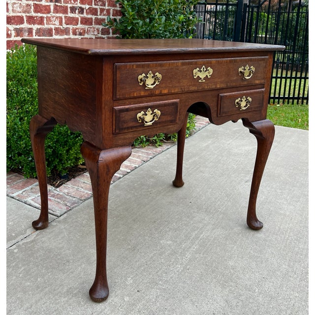 Wood Antique English Georgian Table Small Desk Nightstand Lowboy 3 Drawers Tiger Oak For Sale - Image 7 of 11