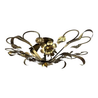 Vintage Italian Florentine Style Gilt Wrought Iron Flush Mount Ceiling Light For Sale
