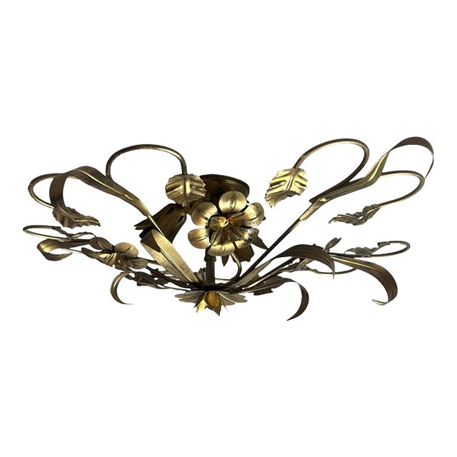 Vintage Italian Florentine Style Gilt Wrought Iron Flush Mount Ceiling Light For Sale