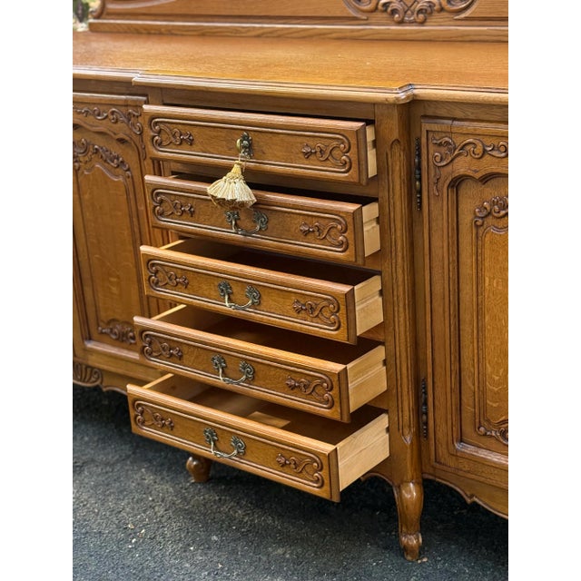 Vintage French Louis XV Tiger Oak Carved Sideboard For Sale - Image 4 of 12