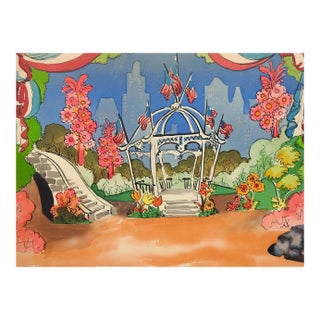 Vintage Mid Century 4th of July Gazebo & Park Scene Watercolor Painting For Sale
