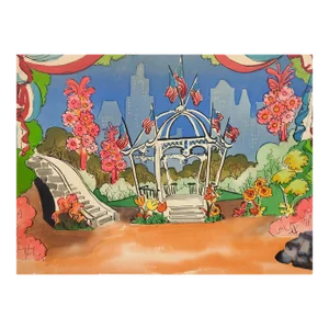 Vintage Mid Century 4th of July Gazebo & Park Scene Watercolor Painting